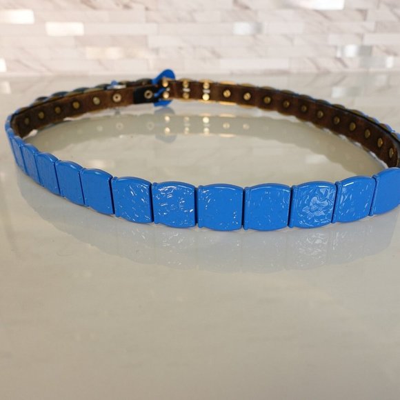 VINTAGE Western Studded Metal Belt 28 SMALL Blue Heavy Medieval Retro ECHT LEDER - Picture 5 of 10